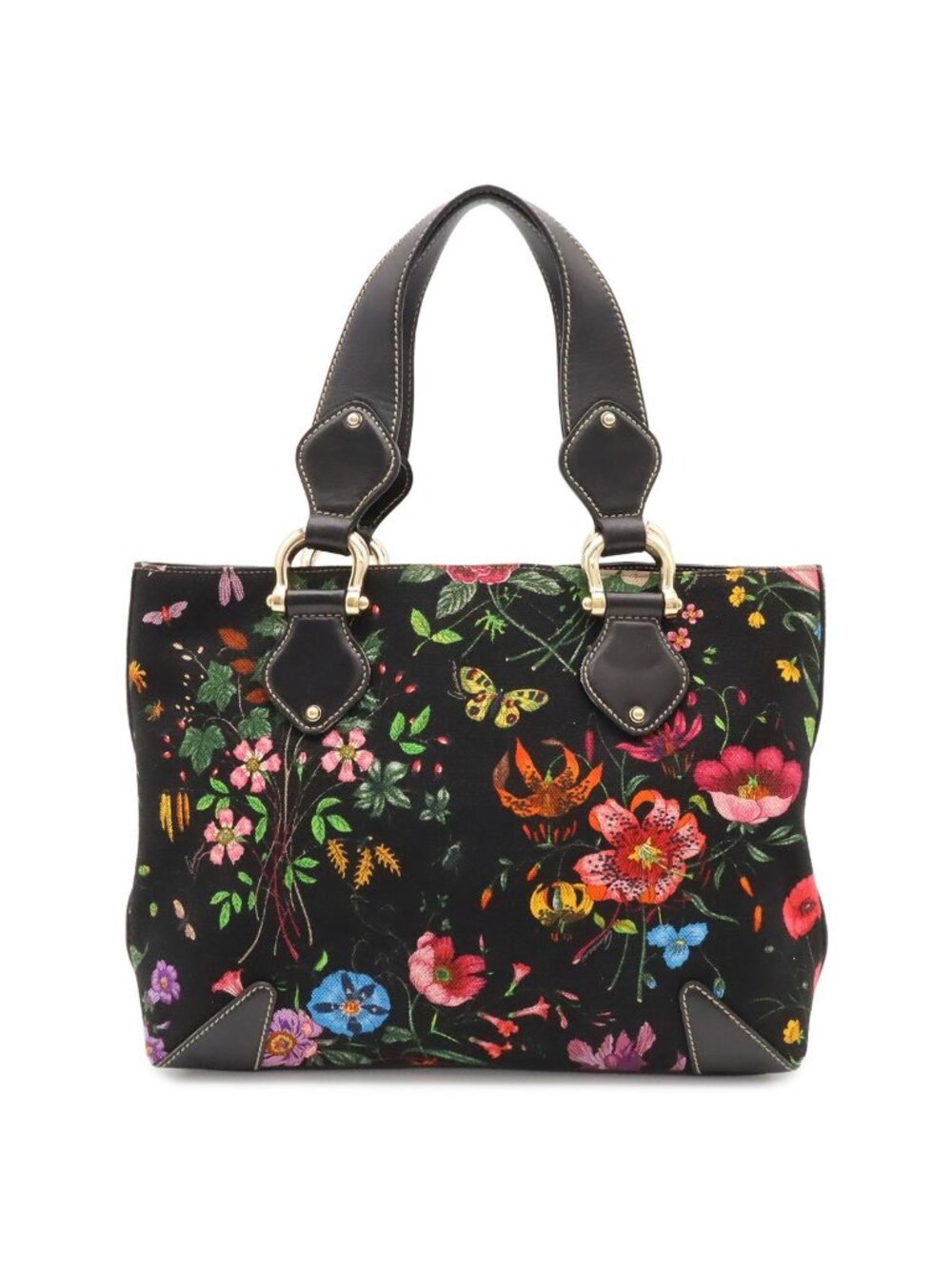Gucci Flora Tote Bag Floral Pattern Flower Canvas Leather Black Multicolor Gold